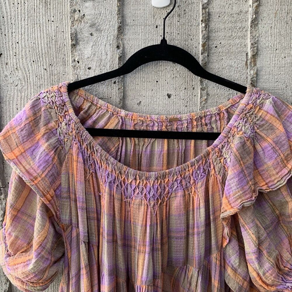 Free People Amelie Mini Dress Tiered Gauzy Plaid Picnic Prairie Western Boho XS - Picture 7 of 12